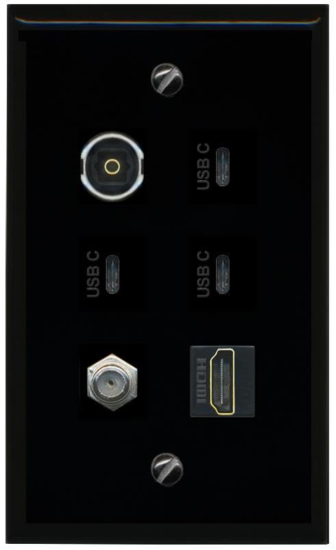 RiteAV Coax HDMI TOSLINK 3 USBC Flat/Solid Wall Plate [Black]