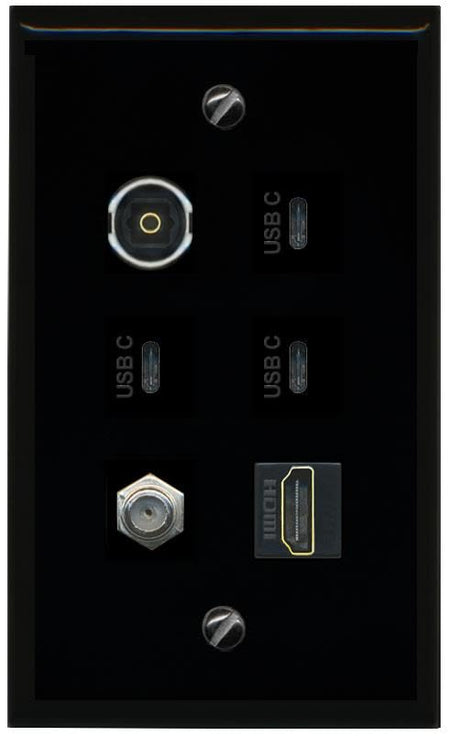 RiteAV Coax HDMI TOSLINK 3 USBC Flat/Solid Wall Plate [Black]