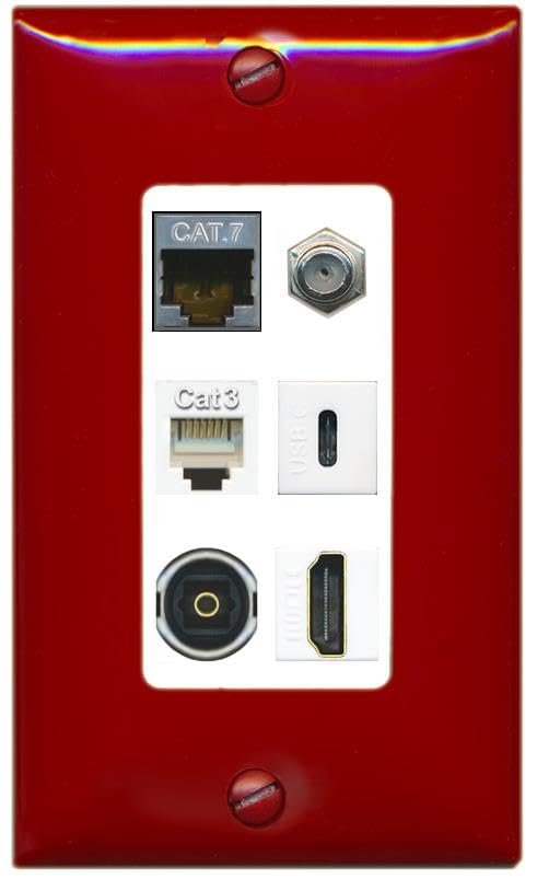 CAT7 COAX HDMI PHONE TOSLINK USBC Wall Plate-1 Gang Red/White