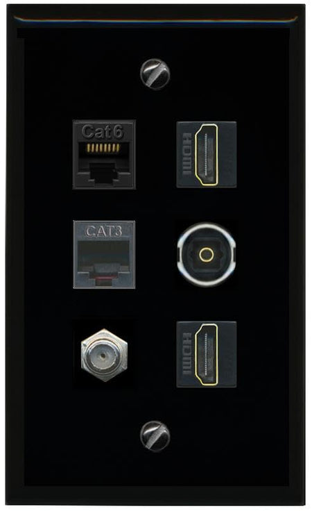 RiteAV CAT6 Coax 2 HDMI Phone TOSLINK Flat/Solid Wall Plate [Black]