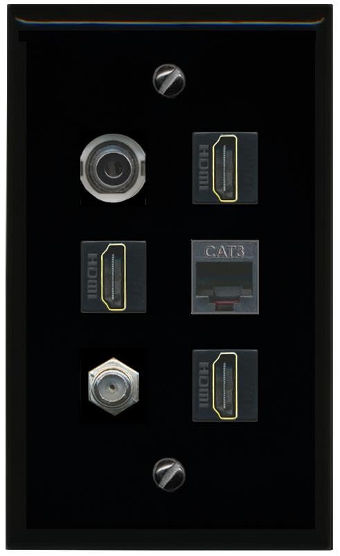 RiteAV 3.5mm Coax 3 HDMI Phone Flat/Solid Wall Plate [Black]
