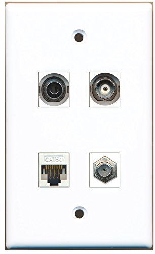 RiteAV - 1 Port Coax Cable TV- F-Type 1 Port 3.5mm 1 Port BNC 1 Port Cat5e Ethernet White Wall Plate