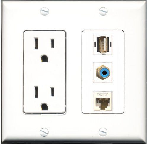 RiteAV - 15 Amp Power Outlet 1 Port RCA Blue 1 Port USB A-A 1 Port Cat6 Ethernet Ethernet White Decorative Wall Plate
