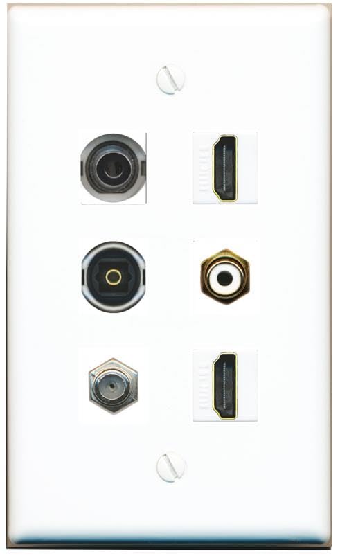RiteAV 3.5mm Coax 2 HDMI RCA-White TOSLINK Flat/Solid Wall Plate [White]