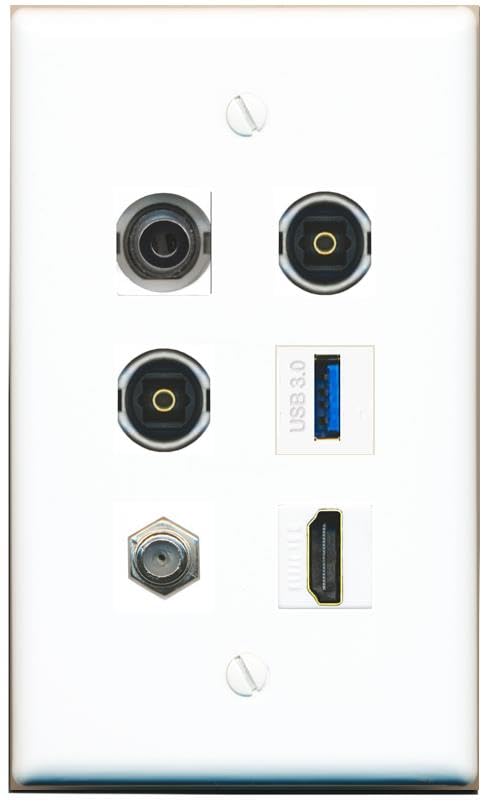 RiteAV 3.5mm Coax HDMI 2 TOSLINK USB-3 Flat/Solid Wall Plate [White]
