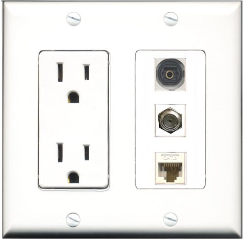 RiteAV - 15 Amp Power Outlet 1 Port Coax 1 Port Toslink 1 Port Cat6 Ethernet Ethernet White Decorative Wall Plate