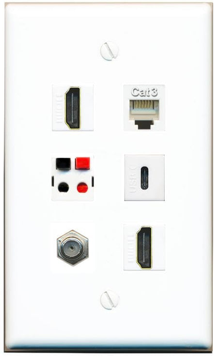 RiteAV COAX 2 HDMI PHONE SPEAKER USBC Flat/Solid Wall Plate [White]