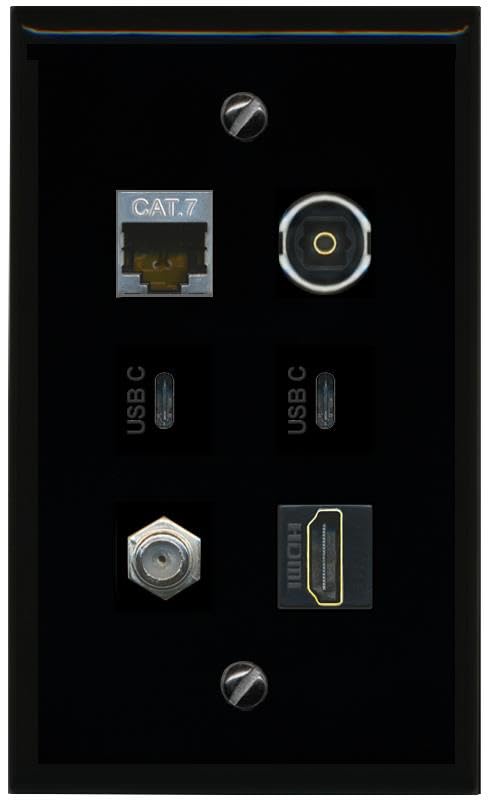 RiteAV CAT7 Coax HDMI TOSLINK 2 USBC Flat/Solid Wall Plate [Black]