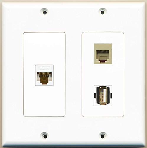 RiteAV - 1 Port USB A-A 1 Port Phone RJ11 RJ12 Beige 1 Port Cat6 Ethernet White - 2 Gang Wall Plate