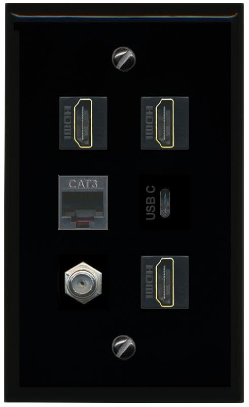 RiteAV Coax 3 HDMI Phone USBC Flat/Solid Wall Plate [Black]