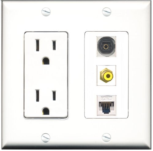 RiteAV - 15 Amp Power Outlet 1 Port RCA Yellow 1 Port Toslink 1 Port Cat5e Ethernet White Decorative Wall Plate