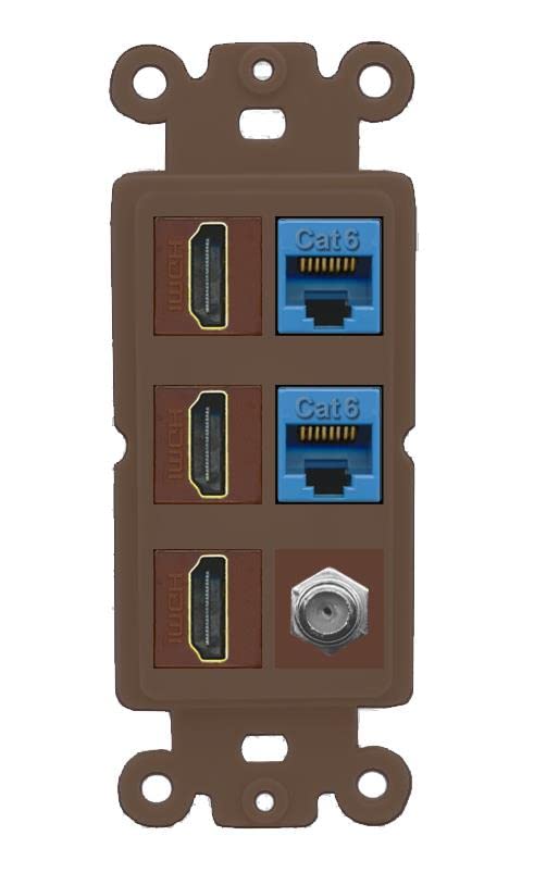 RiteAV 3 HDMI Wall Plate 2 Cat6 1 Coax - Rocker [Brown/Brown]