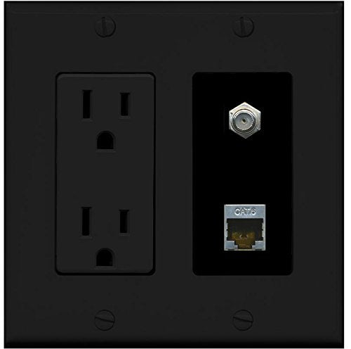 RiteAV - (2 Gang Decorative 15A Power Outlet Coax Black Shielded Cat6 Wall Plate Black