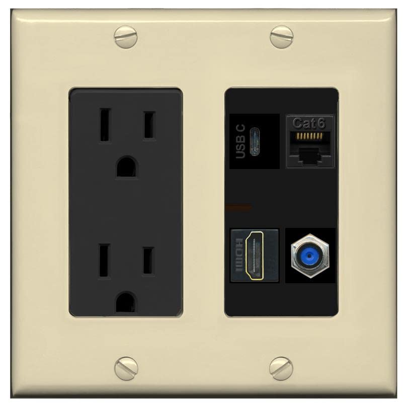 RiteAV USBC HDMI Cat6 Coax F81 Wall Plate - Outlet [Ivory/Black]