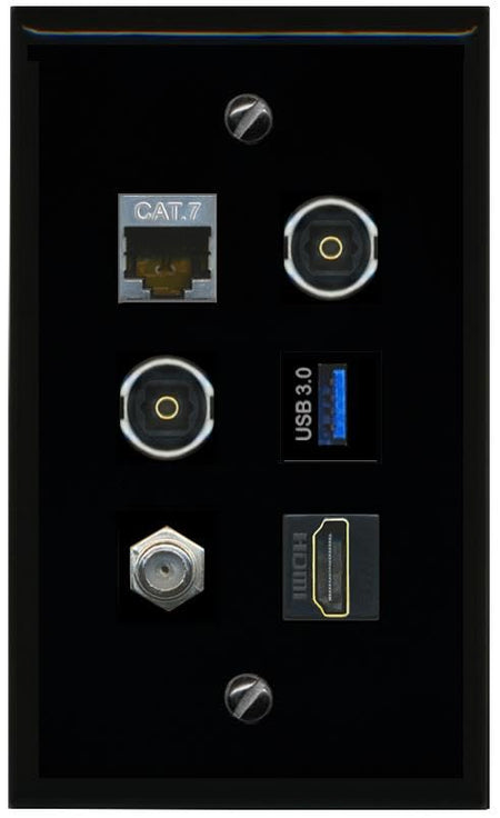 RiteAV CAT7 Coax HDMI 2 TOSLINK USB 3 Flat/Solid Wall Plate [Black]