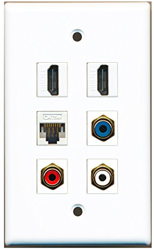 RiteAV - 2 HDMI 1 Port RCA Red 1 Port RCA White 1 Port RCA Blue 1 Port Cat5e Ethernet White Wall Plate