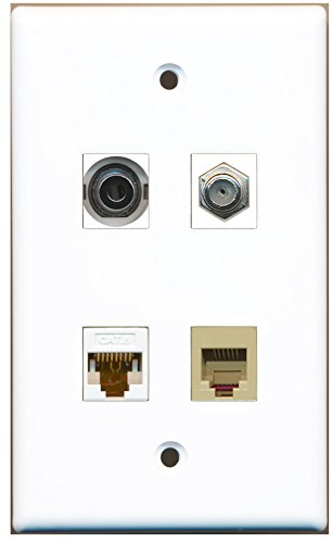 RiteAV - 1 Port Coax Cable TV- F-Type 1 Port Phone RJ11 RJ12 Beige 1 Port 3.5mm 1 Port Cat6 Ethernet White Wall Plate