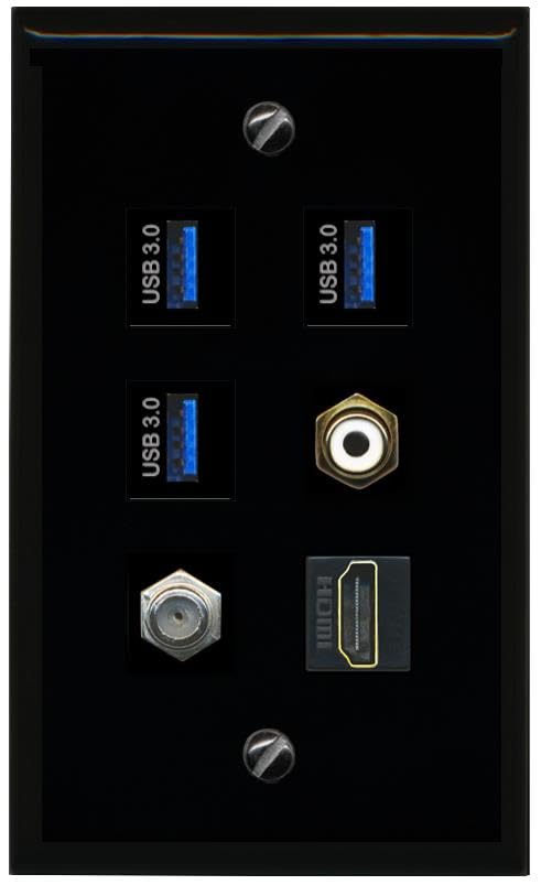 RiteAV Coax HDMI RCA White 3 USB 3 Flat/Solid Wall Plate [Black]
