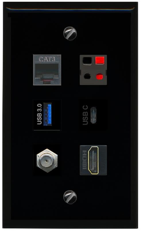 RiteAV COAX HDMI PHONE SPEAKER USB 3 USBC Flat/Solid Wall Plate [Black]