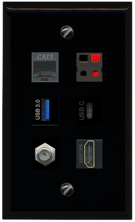 RiteAV COAX HDMI PHONE SPEAKER USB 3 USBC Flat/Solid Wall Plate [Black]
