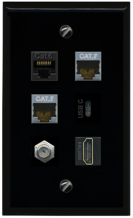 RiteAV CAT6 2 CAT7 Coax HDMI USBC Flat/Solid Wall Plate [Black]