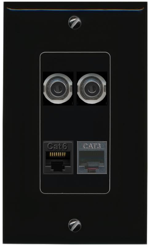 RiteAV 2 3.5mm CAT6 PHONE Wall Plate Decorative [Black]