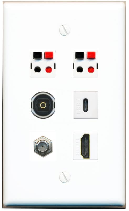 RiteAV Coax HDMI 2 Speaker TOSLINK USBC Flat/Solid Wall Plate [White]