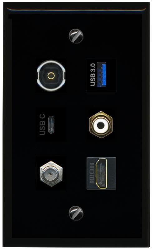 RiteAV Coax HDMI RCA White TOSLINK USB 3 USBC Flat/Solid Wall Plate [Black]