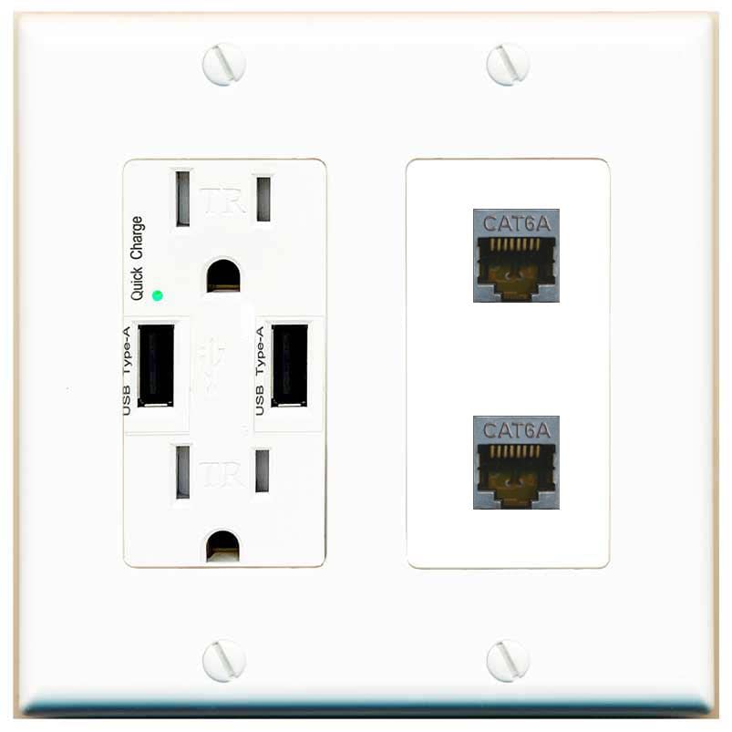RiteAV 2 Port Cat6A Wall Plate - USB Charger [White/White]