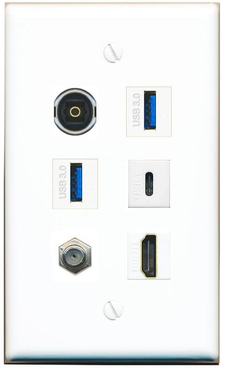 RiteAV Coax HDMI TOSLINK 2 USB-3 USBC Flat/Solid Wall Plate [White]