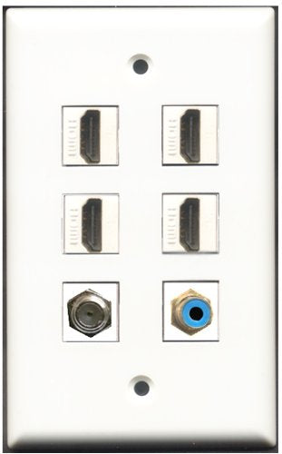 RiteAV - 4 Port HDMI 1 RCA Blue 1 Coax Cable TV- F-Type Wall Plate