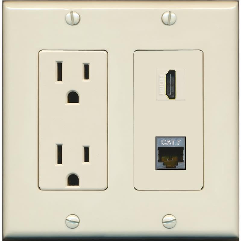 RiteAV HDMI and Cat7 Wall Plate - Outlet [Light-Almond]