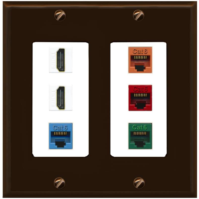 RiteAV 2 HDMI 4 Cat6 Ethernet Mixed Color Wall Plate - 2 Gang [Brown/White]