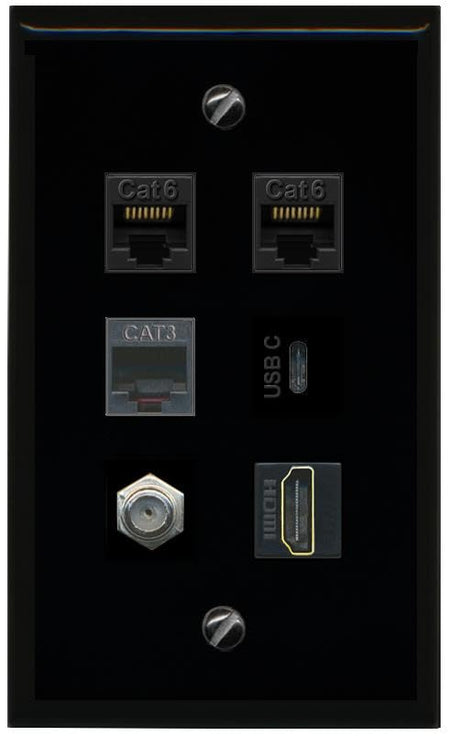 RiteAV 2 CAT6 Coax HDMI Phone USBC Flat/Solid Wall Plate [Black]