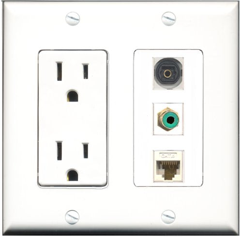 RiteAV - 15 Amp Power Outlet 1 Port RCA Green 1 Port Toslink 1 Port Cat6 Ethernet Ethernet White Decorative Wall Plate