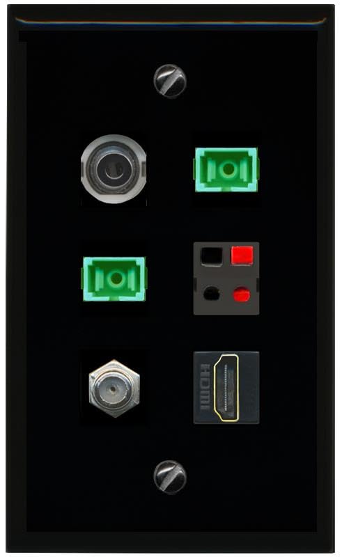 RiteAV 3.5mm COAX HDMI 2 SC APC Simplex Fiber SPEAKER Flat/Solid Wall Plate [Black]