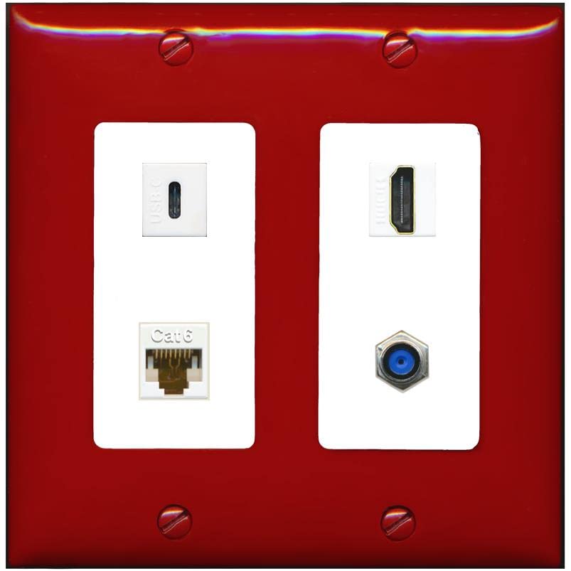 RiteAV USBC HDMI Cat6 Coax F81 Wall Plate - 2 Gang [Red/White]