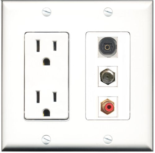 RiteAV - 15 Amp Power Outlet 1 Port RCA Red 1 Port Coax 1 Port Toslink Decorative Wall Plate