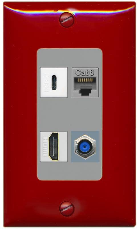 RiteAV USBC HDMI Cat6 Coax F81 Wall Plate - 1 Gang [Red/Gray]