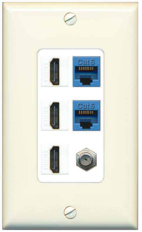 RiteAV 3 HDMI Wall Plate 2 Cat6 1 Coax - 1 Gang [Light-Almond/White]