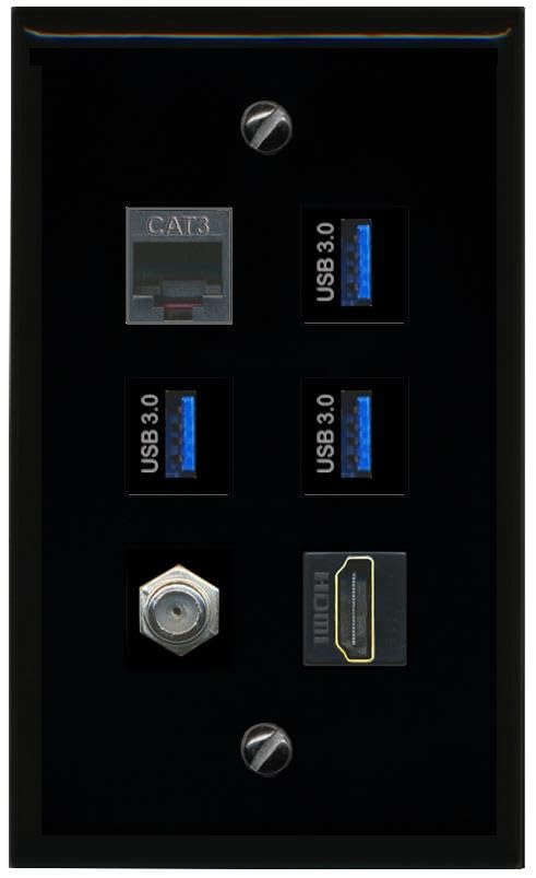 RiteAV Coax HDMI Phone 3 USB 3 Flat/Solid Wall Plate [Black]