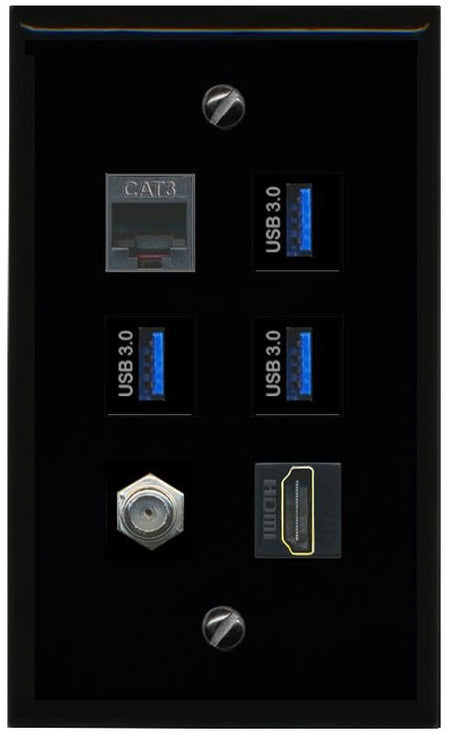 RiteAV Coax HDMI Phone 3 USB 3 Flat/Solid Wall Plate [Black]