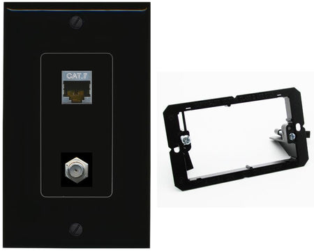 RiteAV Coax and Cat7 Wall Plate - 1 Gang w-Bracket [Black/Black]