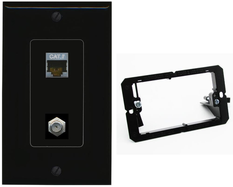 RiteAV Coax and Cat7 Wall Plate - 1 Gang w-Bracket [Black/Black]