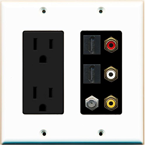 RiteAV - 2 x 15 Amp 125V Power Outlet 3 x RCA - 2 X HDMI and 1 x Coax Cable TV Port Wall Plate - White/Black