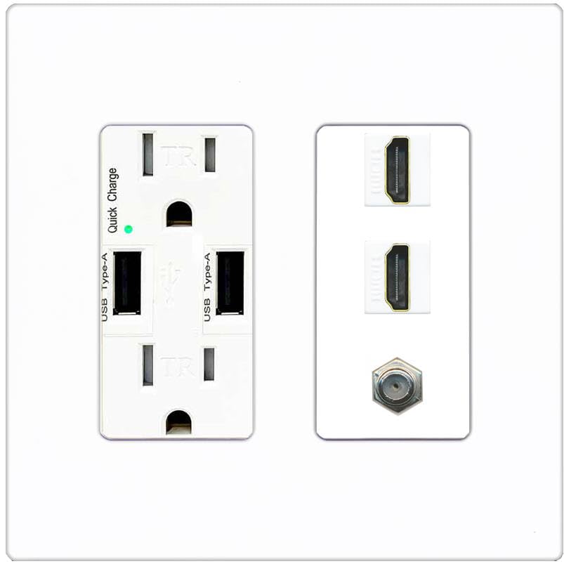 COAX 2 HDMI Wall Plate-USB Charger Screwless White