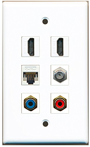 RiteAV - 2 HDMI 1 Port RCA Red 1 Port RCA Blue 1 Port Coax Cable TV- F-Type 1 Port Cat5e Ethernet White Wall Plate