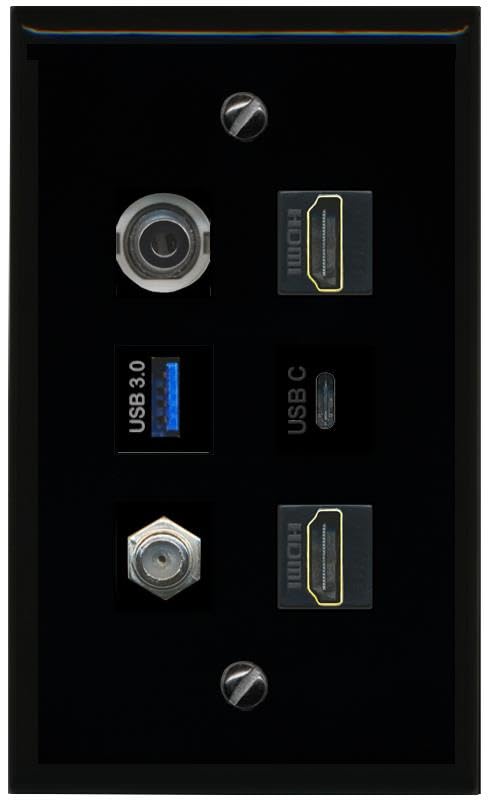 RiteAV 3.5mm Coax 2 HDMI USB 3 USBC Flat/Solid Wall Plate [Black]