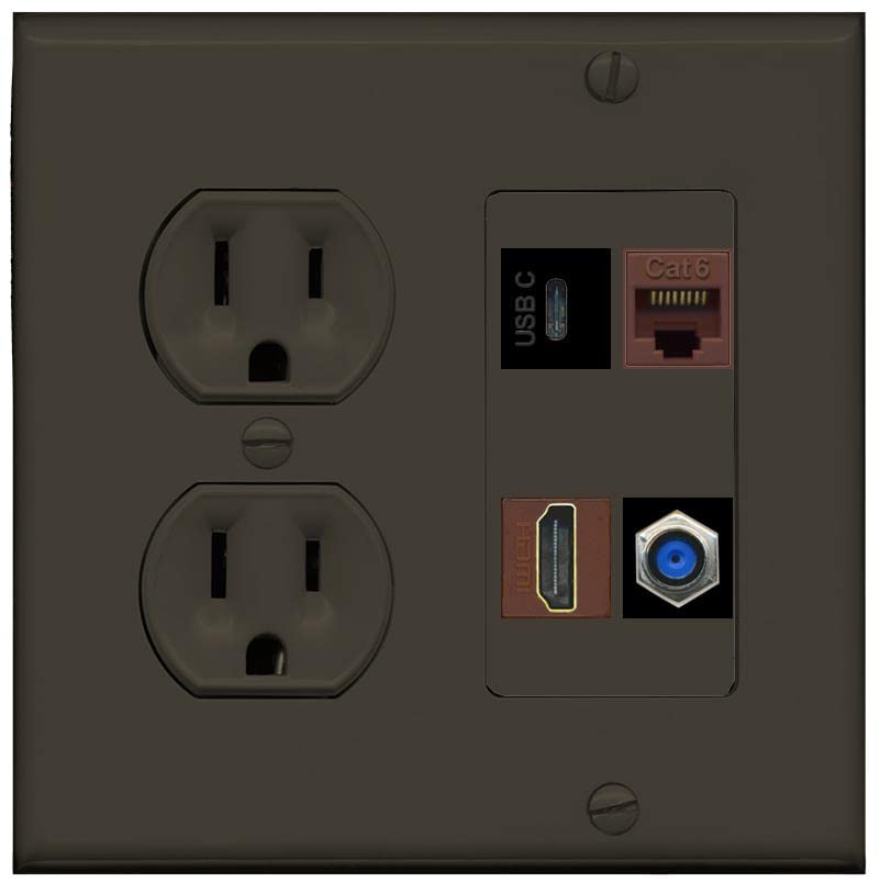 RiteAV USBC HDMI Cat6 Coax F81 Wall Plate - Round Outlet [Brown/Brown]