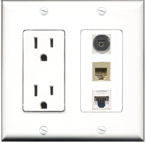 RiteAV - 15 Amp Power Outlet 1 Port Phone Beige 1 Port Toslink 1 Port Cat5e Ethernet White Decorative Wall Plate